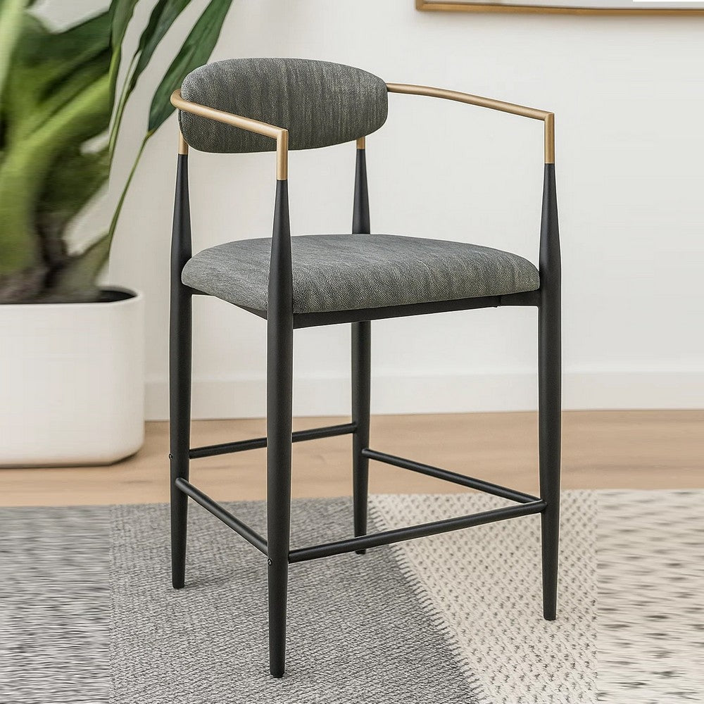 Tiara Counter Chair Set of 2, Gray Fabric, Gold, Black Metal 25 Inch