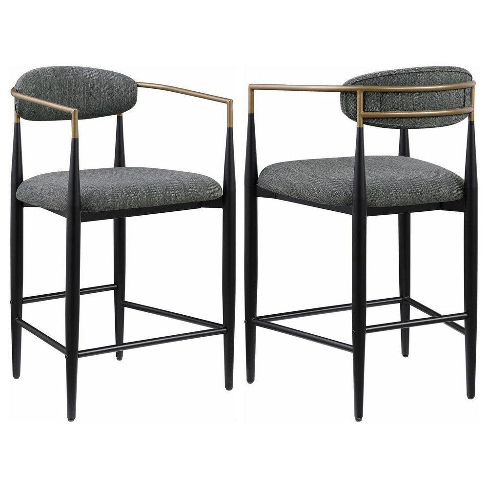 Tiara Counter Chair Set of 2 Gray Fabric Gold Black Metal 25 Inch