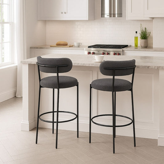 Winona Bar Chair Set of 2, Gray Boucle Fabric, Black Metal 30 Inch