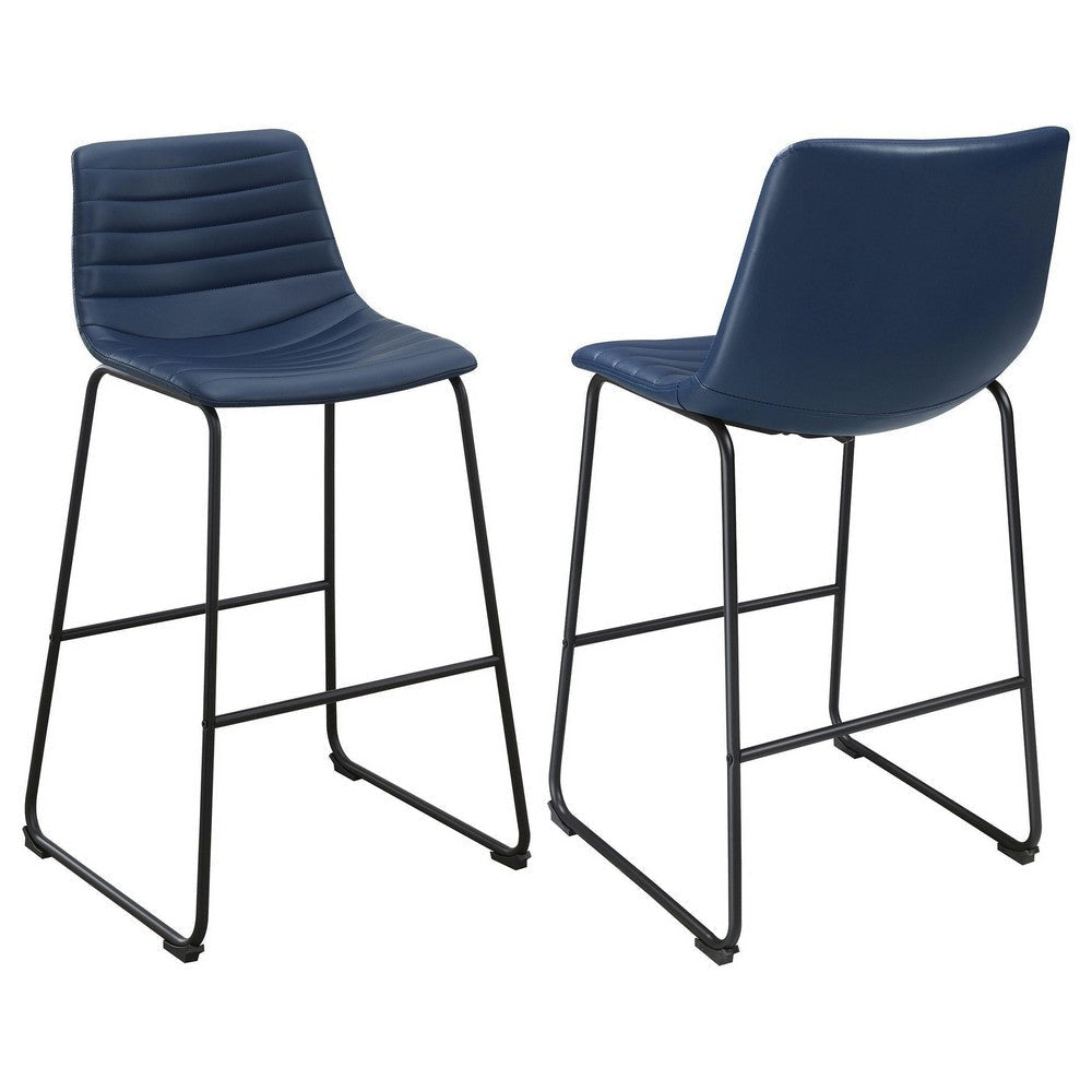 Zuno Bar Height Chair Set of 2, Blue Faux Leather, Black Metal 30 Inch