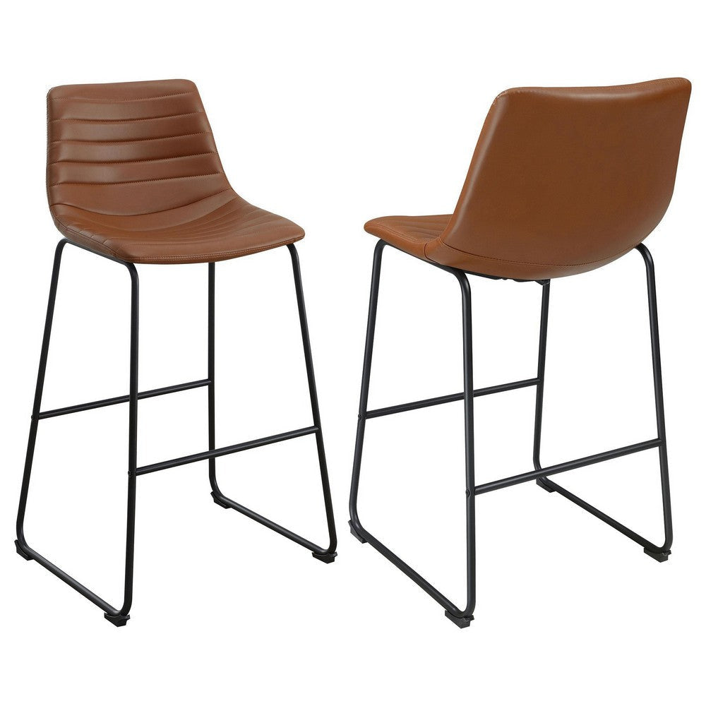 Zuno Bar Height Chair Set of 2, Brown Faux Leather, Black 30 Inch