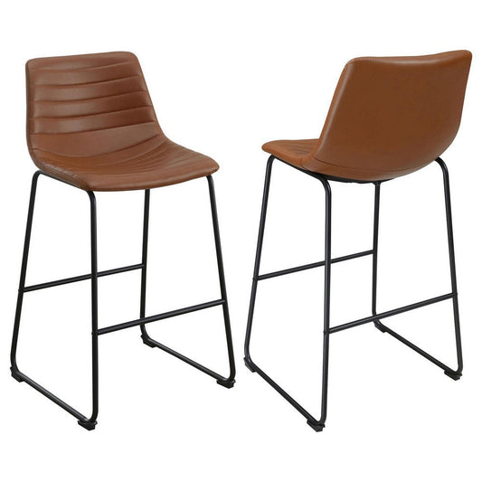 Zuno Counter Height Chair Set of 2, Brown Faux Leather, Black 26 Inch