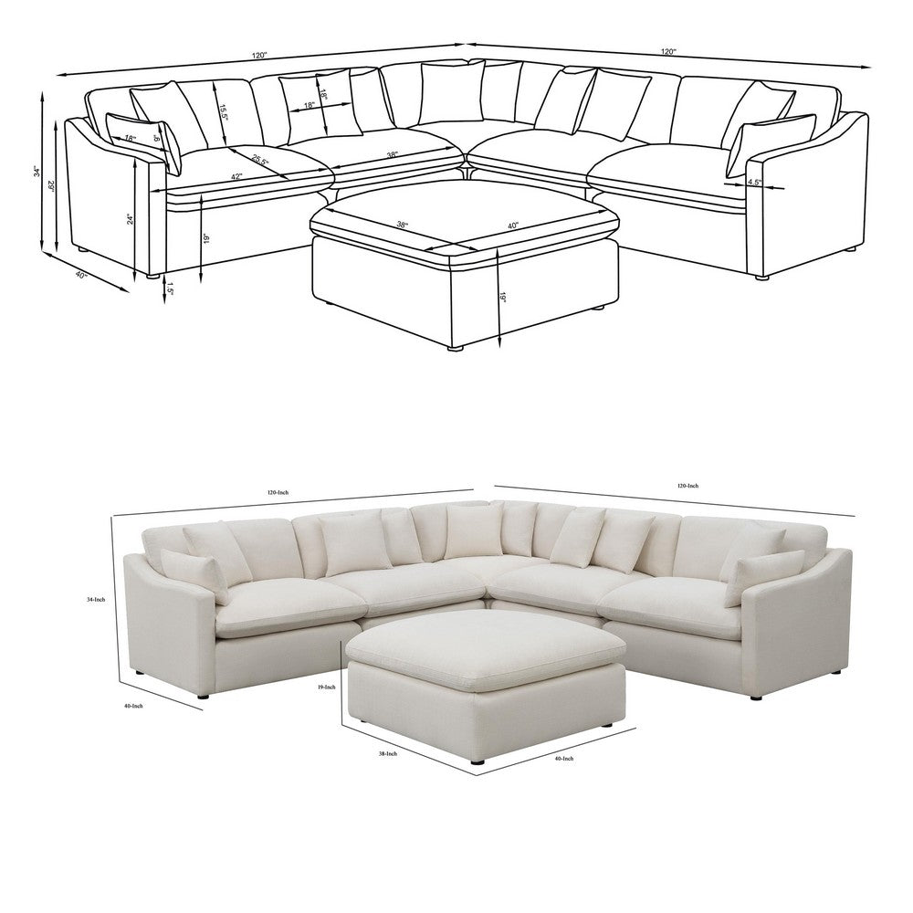 Hobo 6pc Modular Sectional Sofa, Ivory Fabric, 10 Pillows, 120 Inch