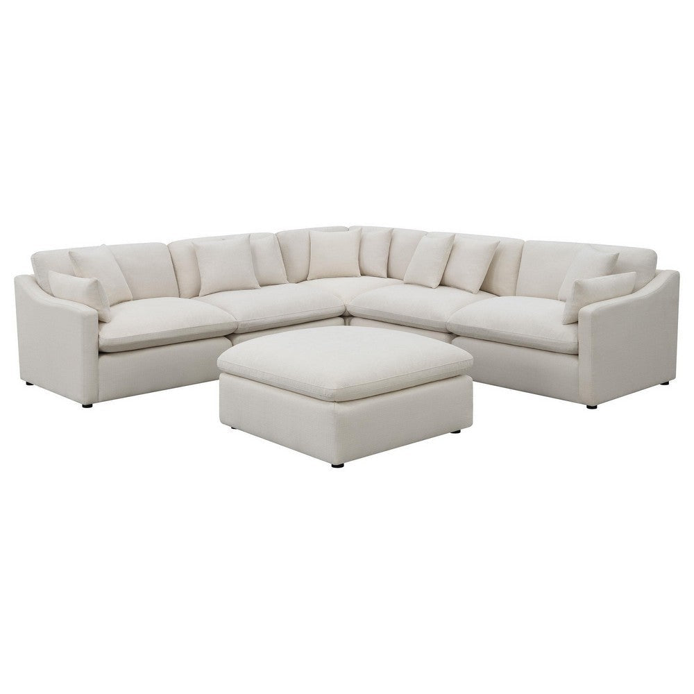Hobo 6pc Modular Sectional Sofa, Ivory Fabric, 10 Pillows, 120 Inch