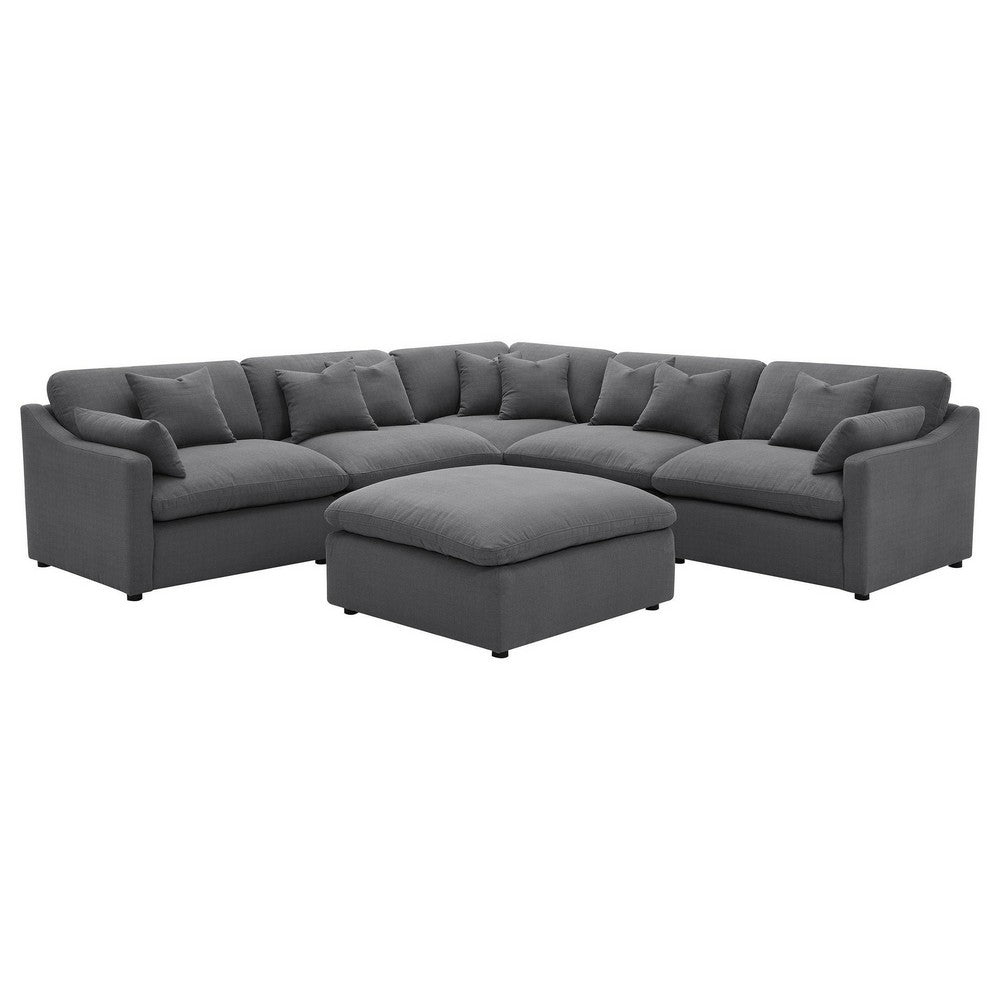 Hobo 6pc Sectional Sofa, Charcoal Gray Fabric, 10 Pillows, 120 Inch