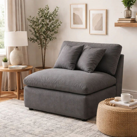 Hobo Modular Armless Chair, Charcoal Gray Fabric, 2 Pillows, 38 Inch