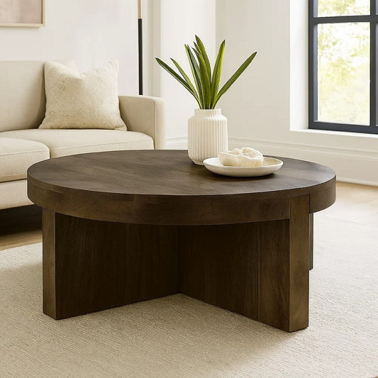 Kinaj Coffee Table, Dark Brown Solid Mango Wood, Round 38 Inch Top