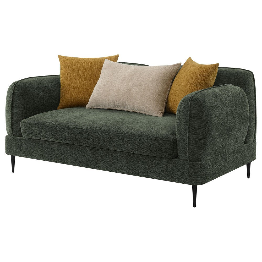 Dija Loveseat, 3 Accent Throw Pillows, 64 Inch, Dark Green Chenille