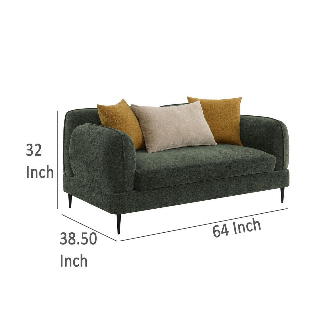 Dija Loveseat, 3 Accent Throw Pillows, 64 Inch, Dark Green Chenille
