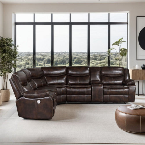 Susan Power Recliner Sectional Sofa, Brown Faux Leather, Console