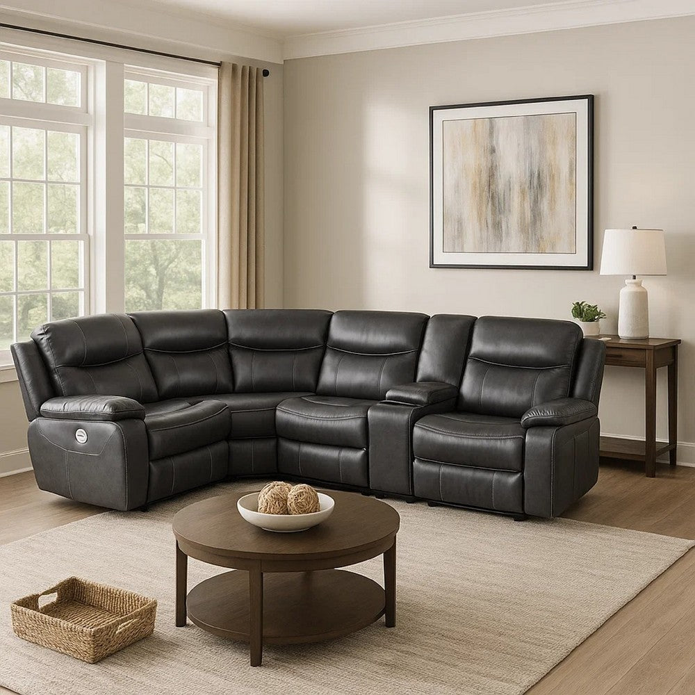 Susan Power Recliner Sectional Sofa, Gray Faux Leather, Center Console