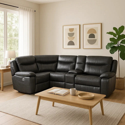 Susan Power Recliner Sectional Sofa, Gray Faux Leather, Center Console