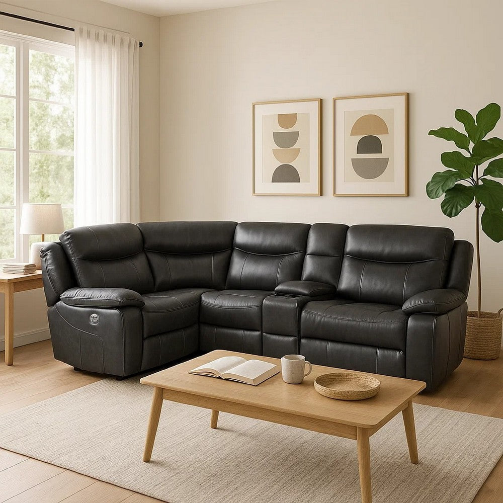 Susan Power Recliner Sectional Sofa, Gray Faux Leather, Center Console