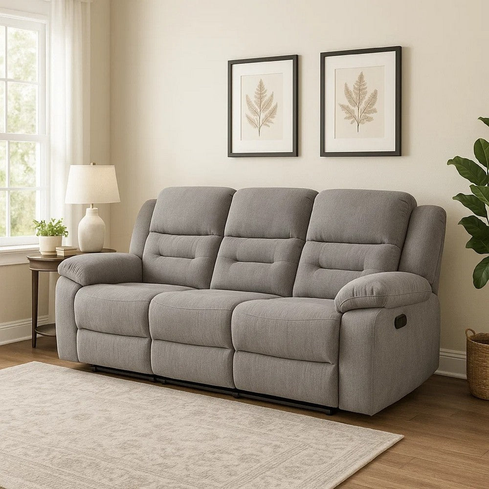 Gilo Manual Recliner Sofa, 92 Inch Light Gray, Pillow Top Armrests