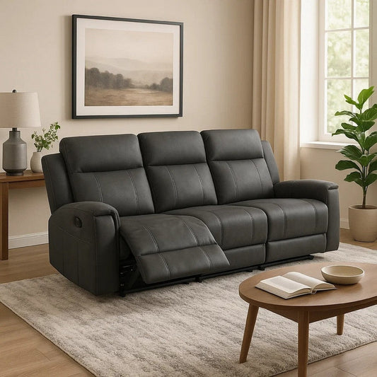 Krio Manual Recliner Sofa, 80 Inch, Modern Charcoal Gray Faux Leather
