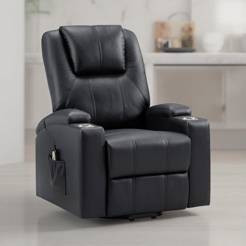 Stoy Power Lift Recliner Chair, Massage, 36 Inch Black Faux Leather