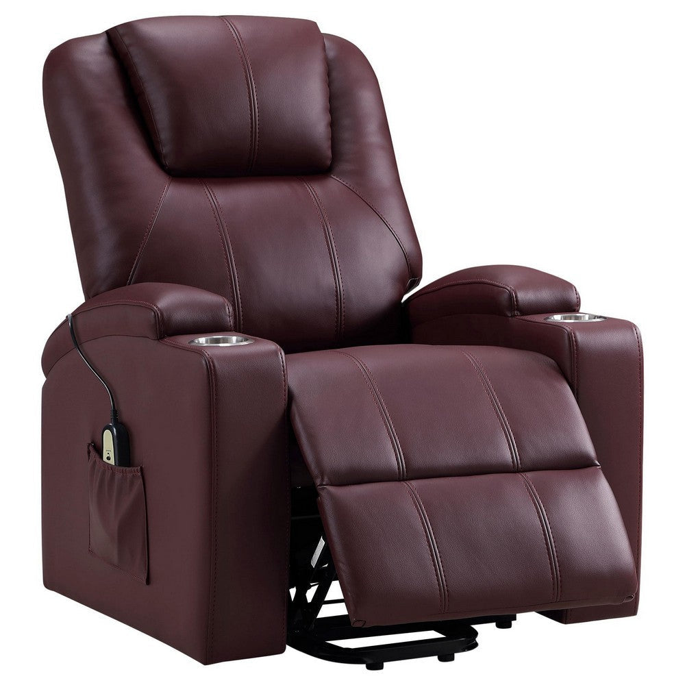 Stoy Power Lift Recliner Chair Massage 36 Inch Wine Red Faux Leather
