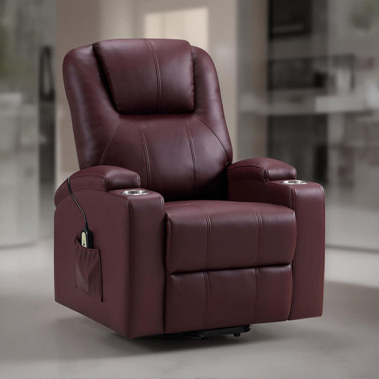 Stoy Power Lift Recliner Chair, Massage, 36 Inch Wine Red Faux Leather