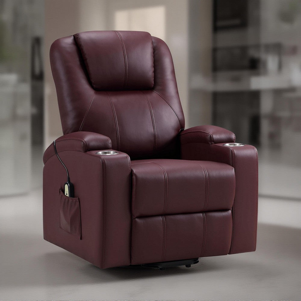 Stoy Power Lift Recliner Chair, Massage, 36 Inch Wine Red Faux Leather
