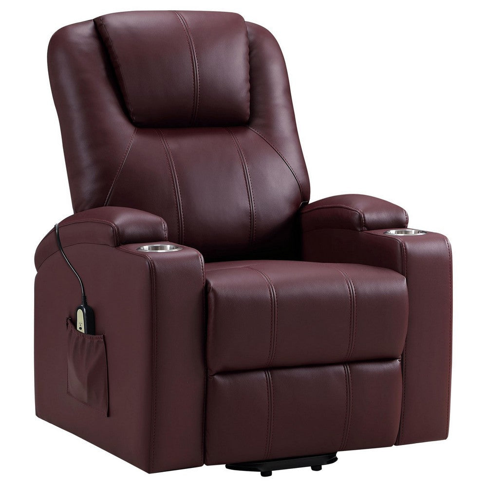 Stoy Power Lift Recliner Chair Massage 36 Inch Wine Red Faux Leather