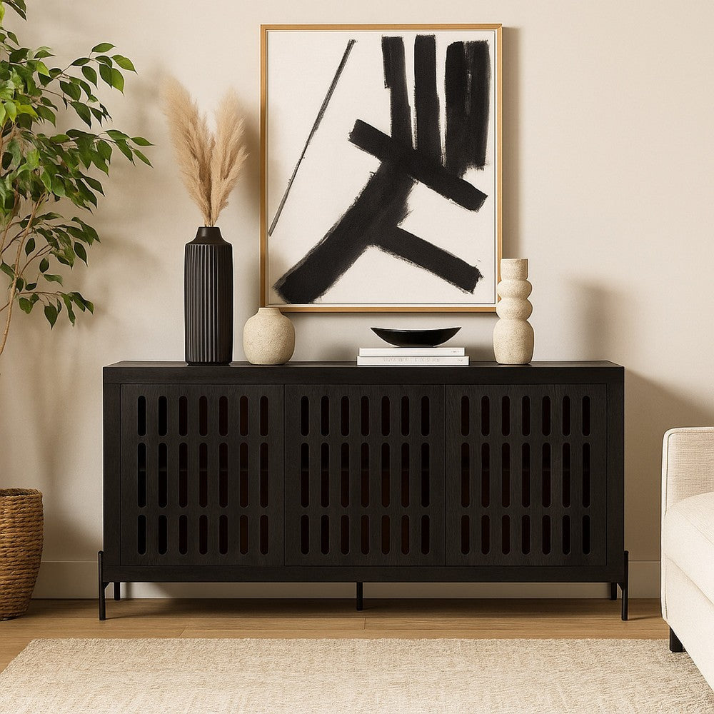 Ashley Lizzy Sideboard Console, 3 Inner Shelves, Black Natural Wood 64 Inch