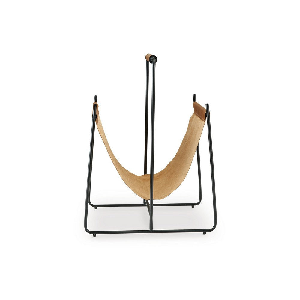 Ashley Faron Magazine File Rack with Handles Black Metal Brown Leather BM329748