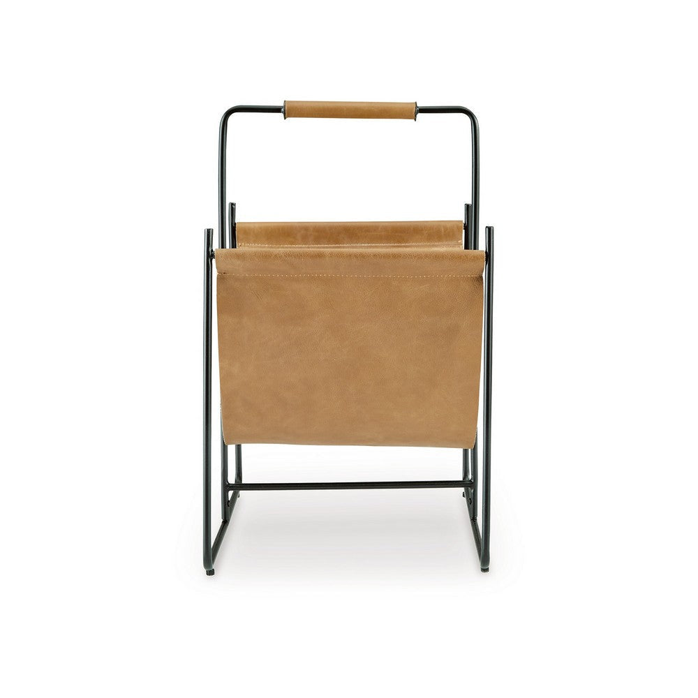 Ashley Faron Magazine File Rack with Handles Black Metal Brown Leather BM329748