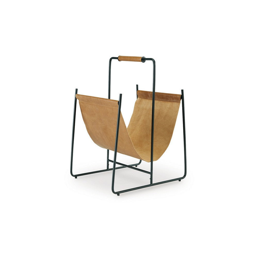 Ashley Faron Magazine File Rack with Handles Black Metal Brown Leather BM329748