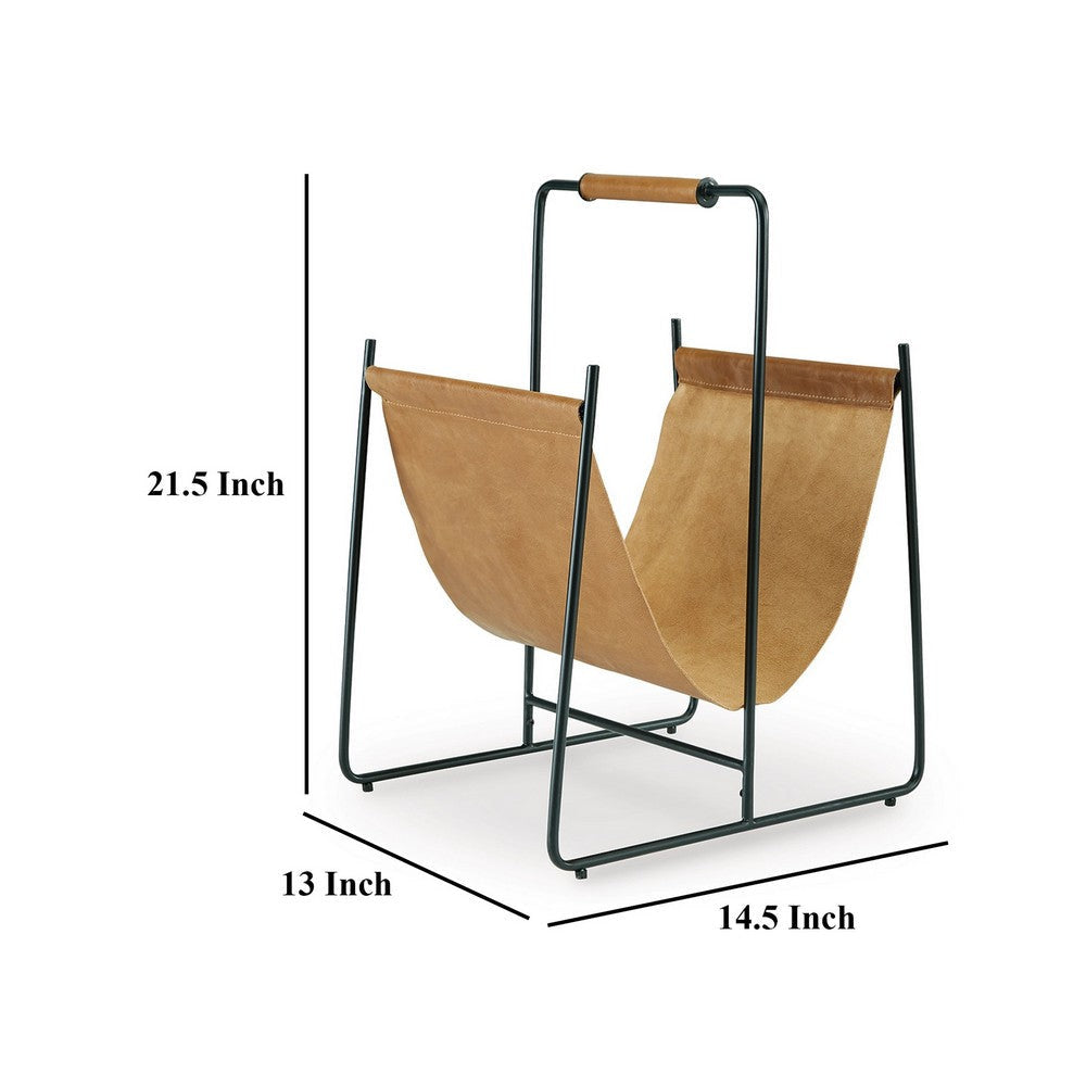 Ashley Faron Magazine File Rack with Handles Black Metal Brown Leather BM329748