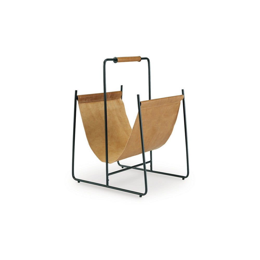 Ashley Faron Magazine File Rack with Handles, Black Metal, Brown Leather