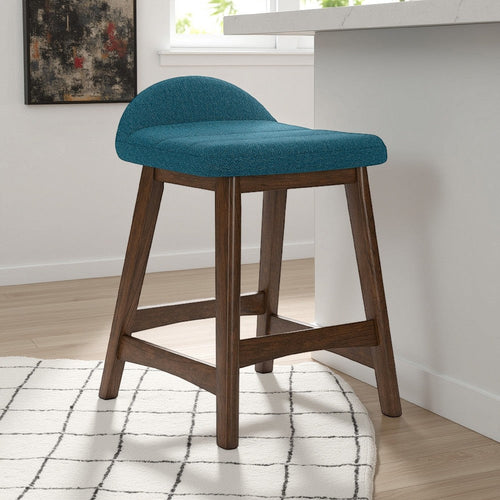 Ashley Jeyn Counter Stool with Footrest Set of 2, Brown Hardwood, Blue Seat