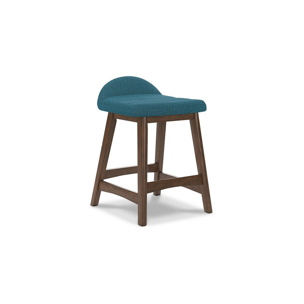 Ashley Jeyn Counter Stool with Footrest Set of 2, Brown Hardwood, Blue Seat