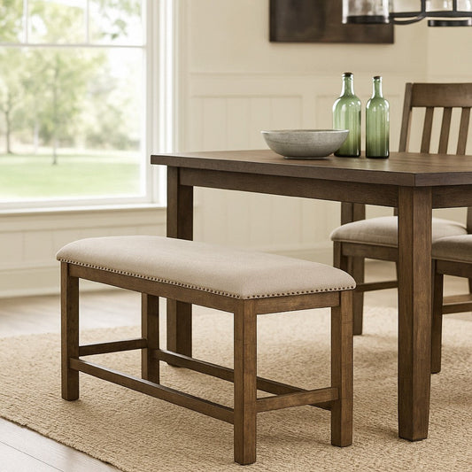 Ashley Chip Counter Height Bench, Nailhead Trim and Footrest, Nutmeg Wood