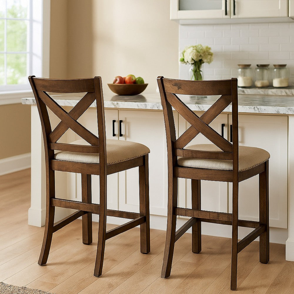Ashley Chip Counter Height Chair Set of 2, Distress Nutmeg Wood, Polyester