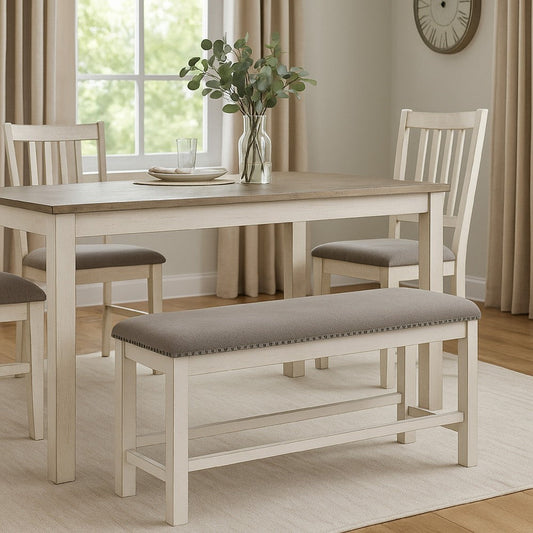 Ashley Lea Counter Height Dining Bench, Classic White Wood, Gray Polyester