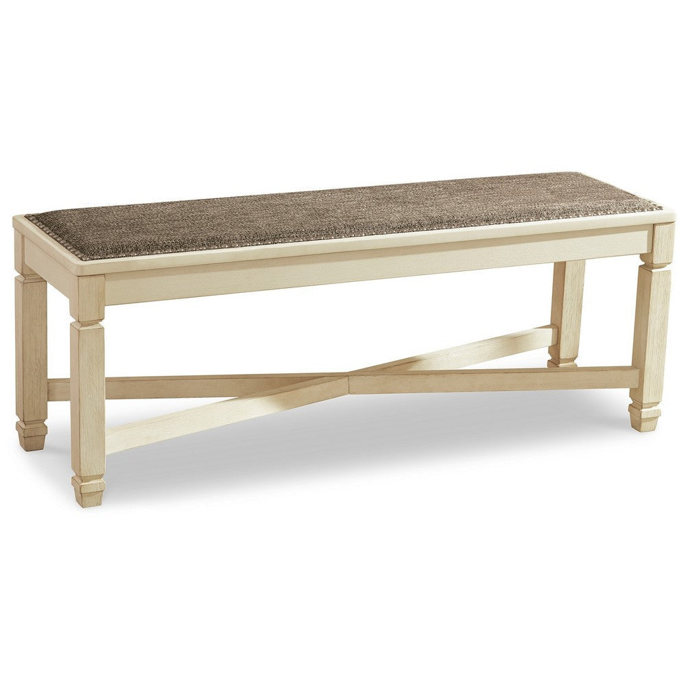 Ashley Bolan Large Dining Bench with Heavy Woven Fabric, White Wood, 50 Inch