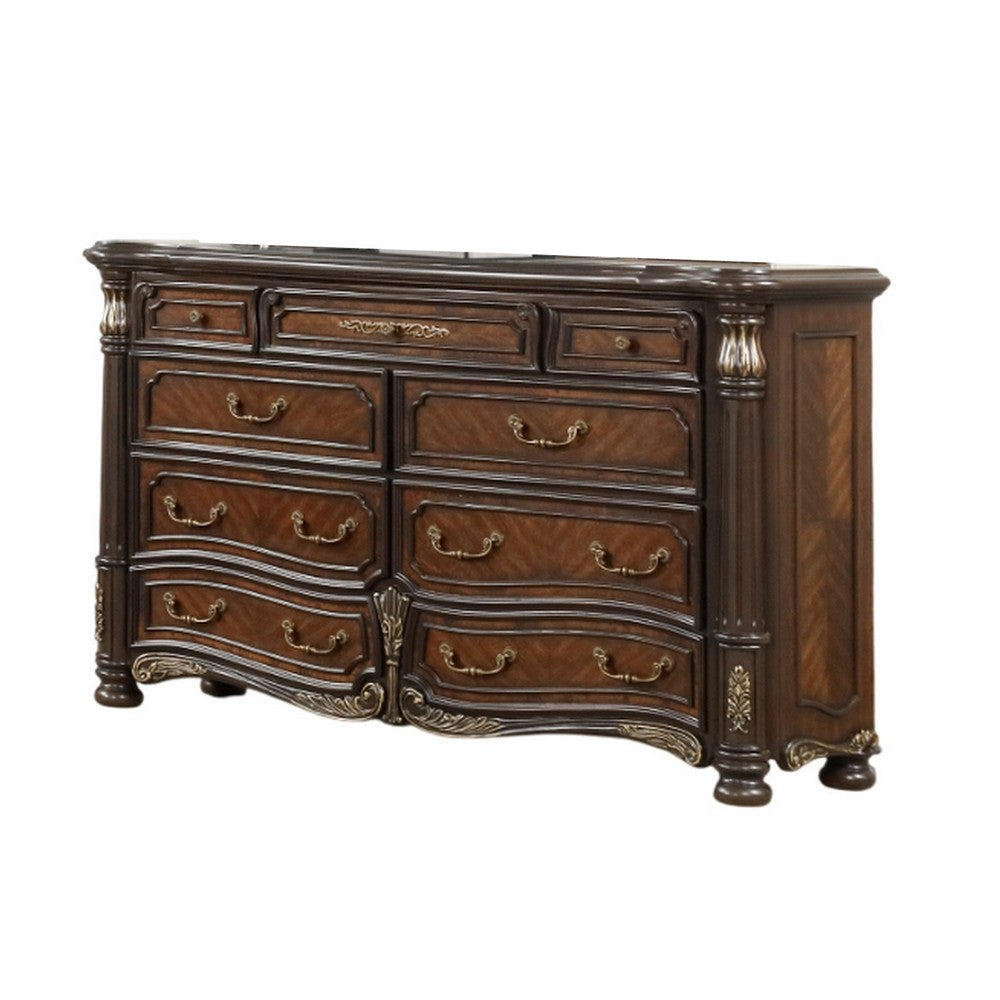 Ruth Wide Dresser Real Marble Mahogany Brown Solid Wood 9 Drawers BM329818