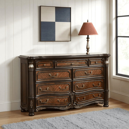 Ruth Wide Dresser, Real Marble, Mahogany Brown Solid Wood, 9 Drawers