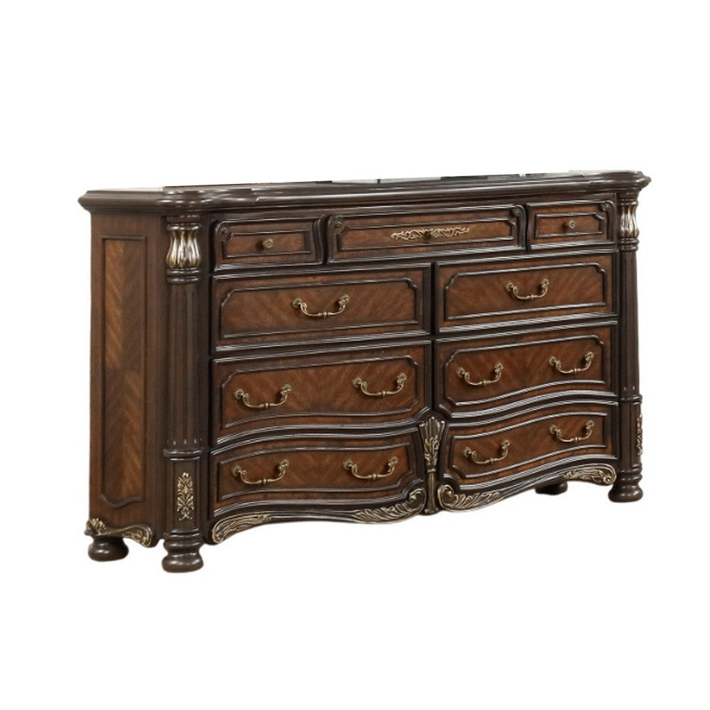 Ruth Wide Dresser, Real Marble, Mahogany Brown Solid Wood, 9 Drawers