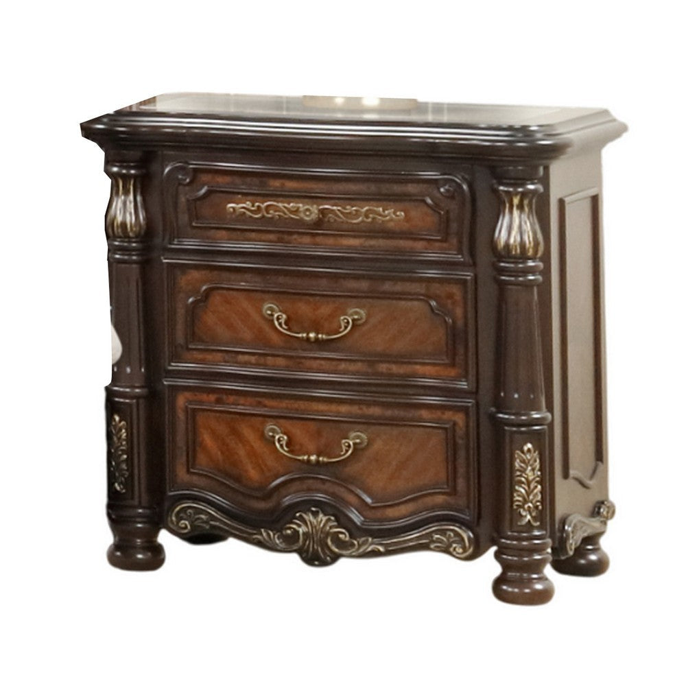 Ruth Nightstand Real Marble Mahogany Brown Solid Wood Gold 30 Inch BM329819