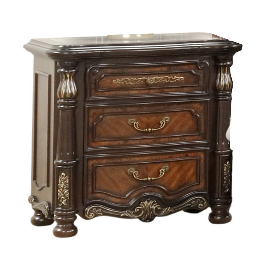 Ruth Nightstand Real Marble Mahogany Brown Solid Wood Gold 30 Inch BM329819