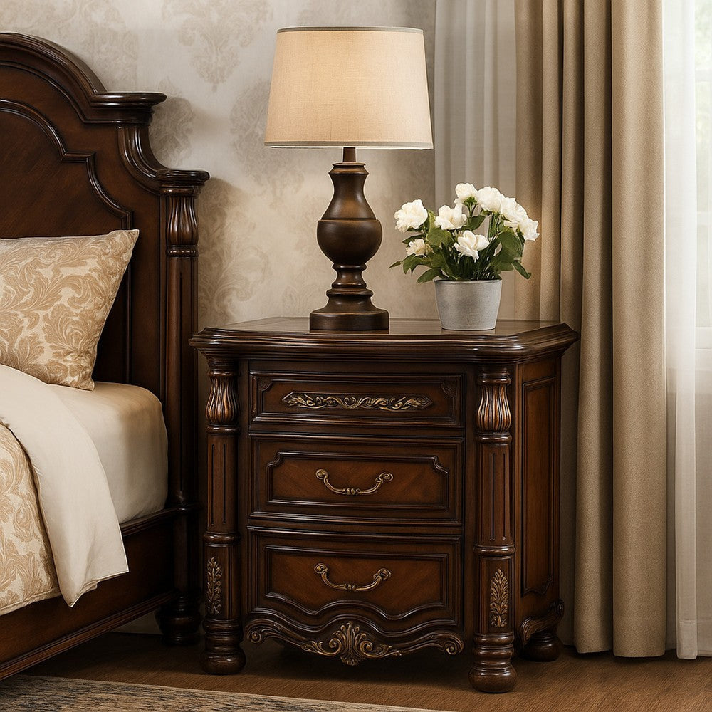 Ruth Nightstand, Real Marble, Mahogany Brown Solid Wood, Gold, 30 Inch