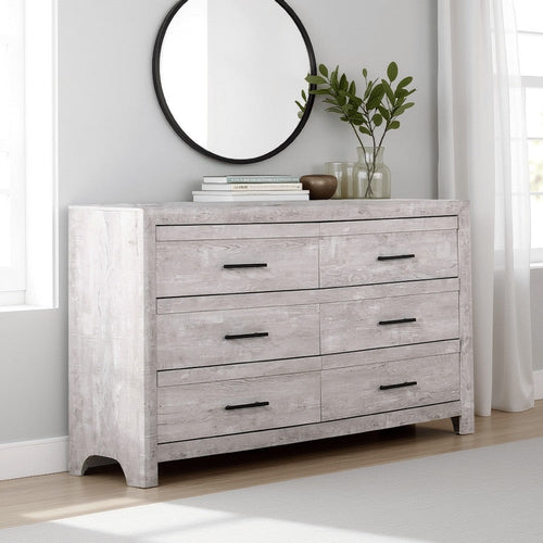 Bisca 63 Inch Wide Dresser, 6 Drawers, Black Handles, Light Gray Wood