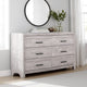 Bisca 63 Inch Wide Dresser, 6 Drawers, Black Handles, Light Gray Wood
