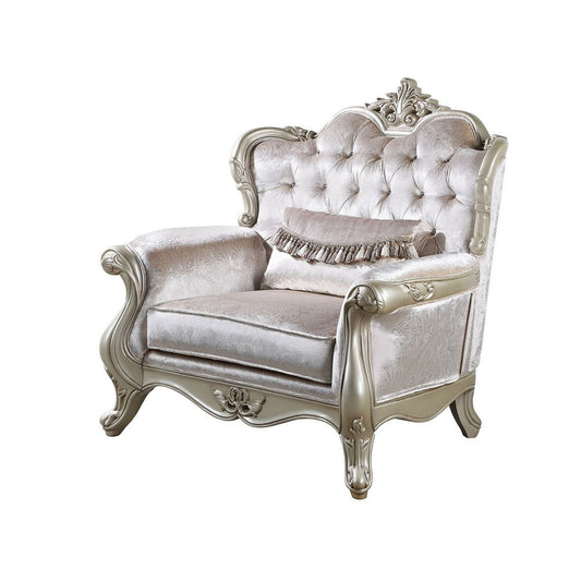 Kerra Accent Chair with Classic Gold Ornate Carvings, Beige Velveteen