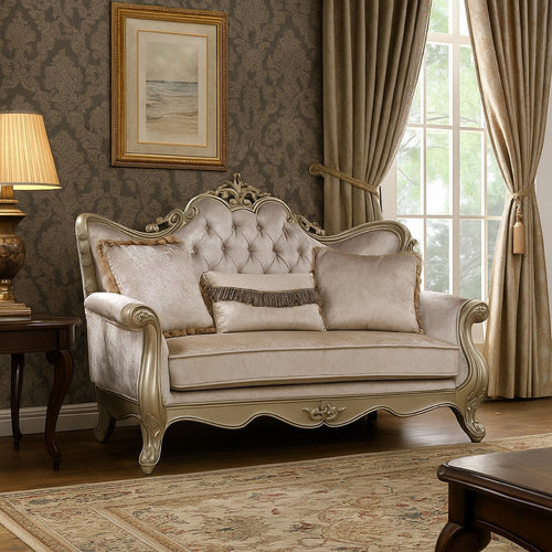 Kerra Loveseat with Accent Pillow, Classic Beige Fleur De Lis 72 Inch