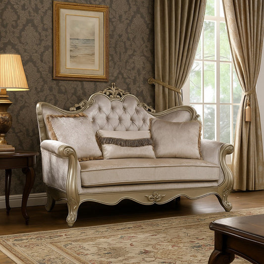 Kerra Loveseat with Accent Pillow, Classic Beige Fleur De Lis 72 Inch
