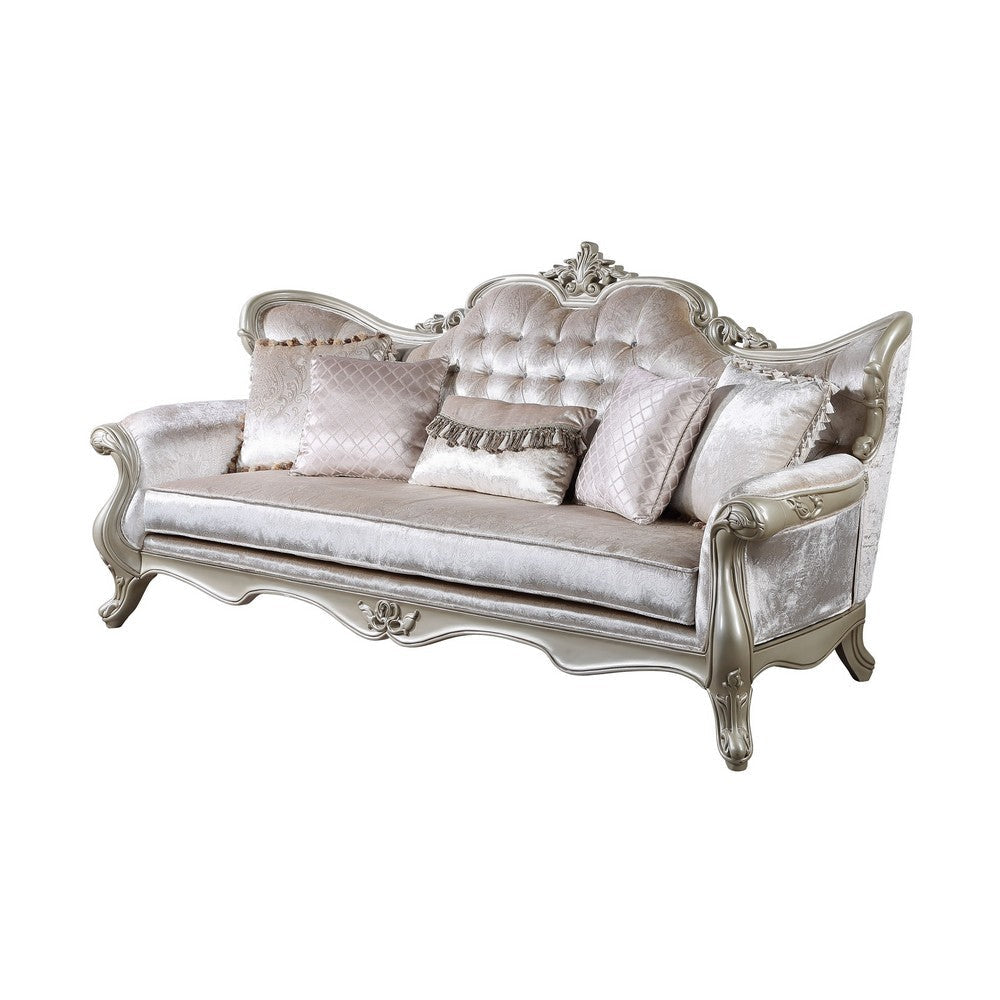 Kerra Sofa with Accent Pillows, Beige Fleur De Lis Velveteen 97 Inch