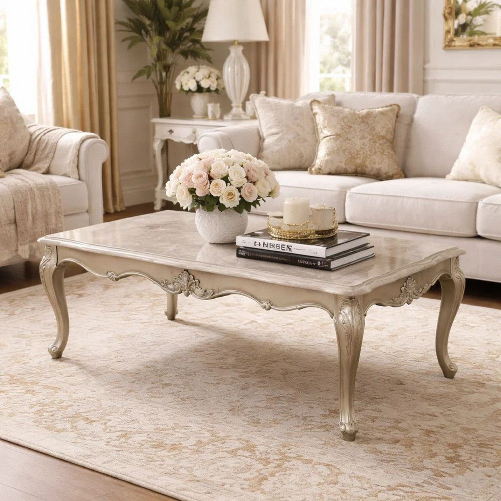 Kerra Cocktail Coffee Table, Beige Marble, Carved Champagne 54 Inch