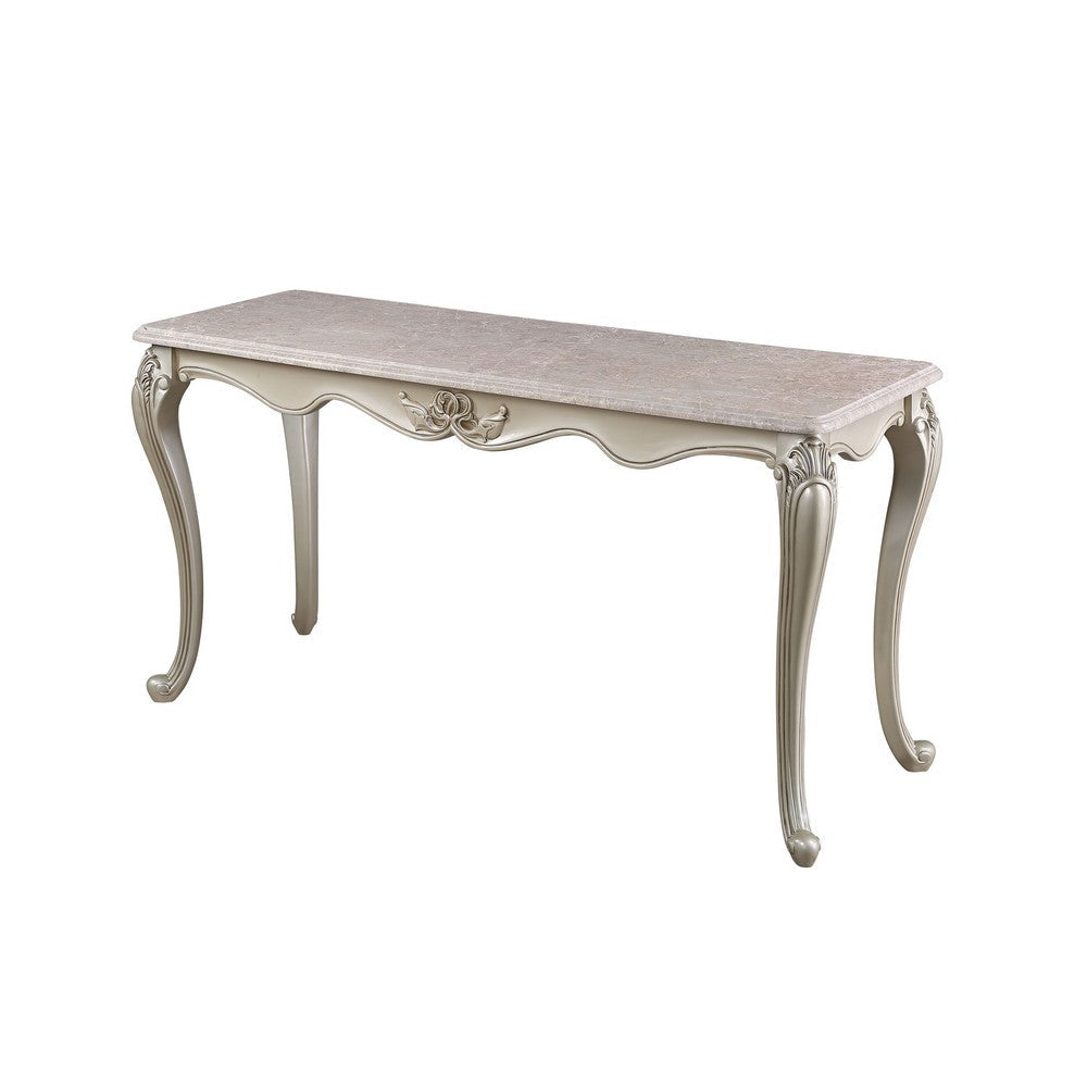 Kerra Console Table, Beige Marble, Classic Carved Champagne 58 Inch